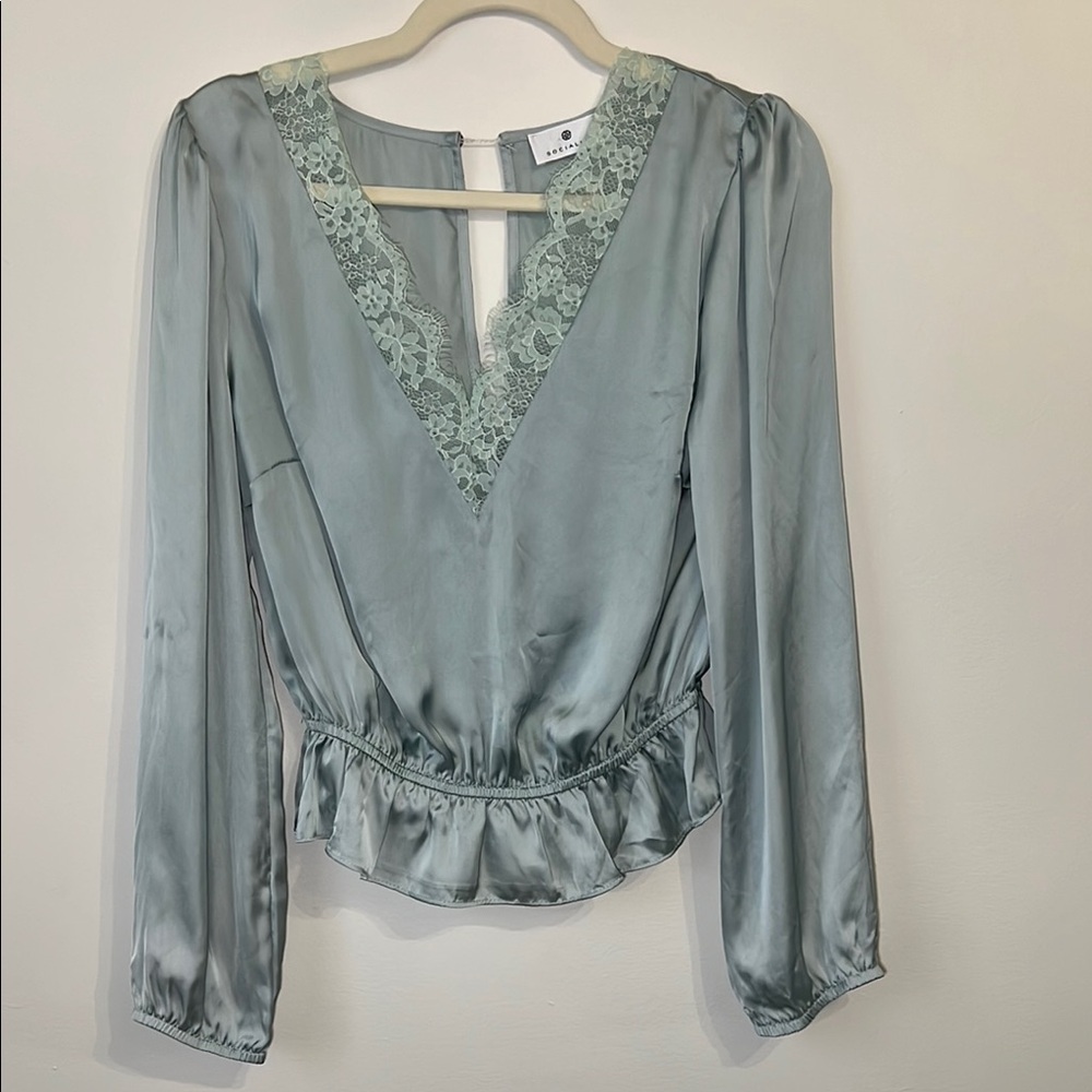 Socialite aqua lace Blouse Chic Top shirt long sleeve